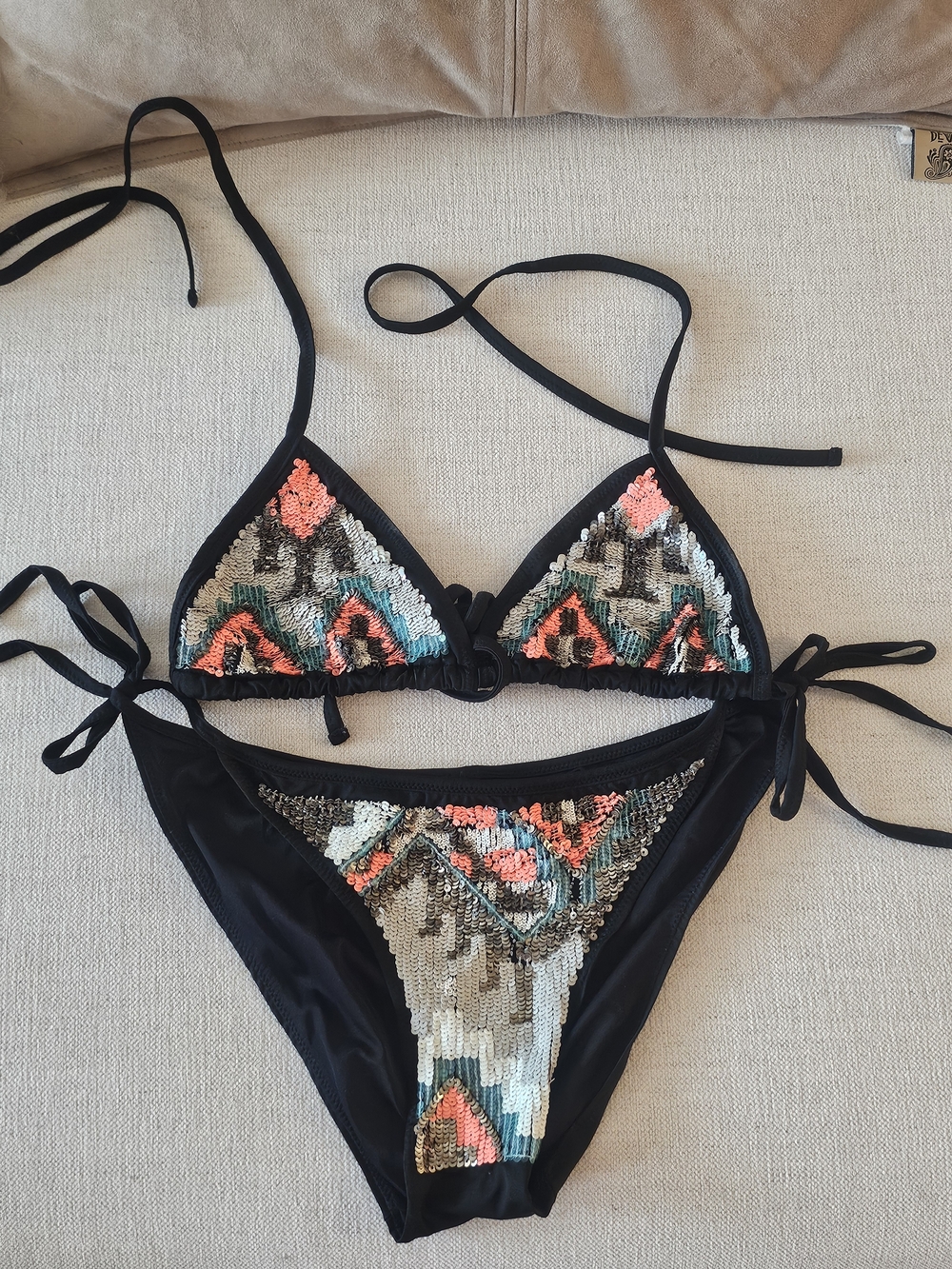 All SAINTS Black Sequin Triangle Bikini with Coral & Teal Accents SZ m-L